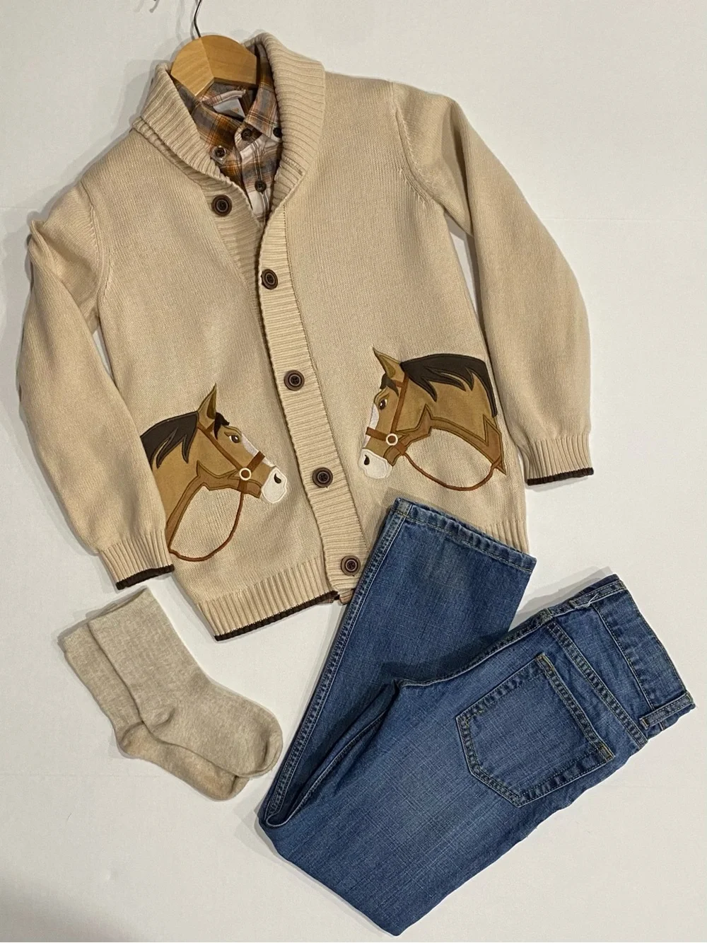 Gymboree Boys ‘Country Charm’ Beige Horse Shawl Collar Cardigan Size 7
